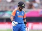 Virat Kohli of India makes his way off after being dismissed during the ICC Men's T20 Cricket World Cup match 