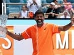 Rohan Bopanna of India celebrates after he and Matthew Ebden of Australia defeated Austin Krajicek of the United States and Ivan Dodig of Croatia during the Men's Doubles Final at Hard Rock Stadium