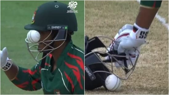 Ball gets stuck in Tanzid Hasan's helmet
