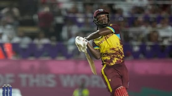 West Indies' Sherfane Rutherford bats during the men's T20 World Cup cricket match between the West Indies and New Zealand at the Brian Lara Cricket Academy