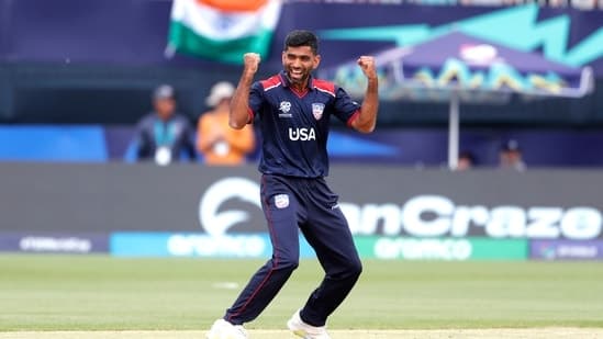 New York, Jun 12 (ANI): USA's Saurabh Netravalkar celebrates the dismissal of India's captain Rohit Sharma during their Group A match in the ICC T20 World Cup 2024, at Nassau County International Cricket Stadium in New York on Wednesday. 