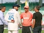 India's captain Rohit Sharma (2nd from left), coach Rahul Dravid (centre) and BCCI chief selector Ajit Agarkar