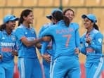India Women's captain Harmanpreet Kaur and Vice-Captain Smriti Mandhana celebrate the dismissal of South Africa Women's Sune Luus during the 2nd ODI, at M.Chinnaswamy Stadium in Bengaluru on Wednesday