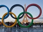 The Olympic rings are set up at Trocadero plaza that overlooks the Eiffel Tower in Paris