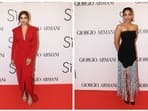 Jiya Shankar dazzled in a red dress with long sleeves and a knot detail on the waist at the Giorgio Armani perfume launch event in Mumbai on Thursday. Sobhita Dhulipala brought the sparklers out with her black off-shoulder dress and silver tassles.