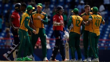South Africa saw off a late fightback from England powered by Harry Brook and Liam Livingstone as they defended a target of 164 and beat the reigning champions by seven runs at the Darren Sammy Stadium in St. Lucia.&nbsp;