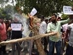 Students burn an effigy during their protest against the NEET UG entrance exam paper leak, in Patna. (ANI)