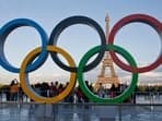 The Olympic rings are set up at Trocadero plaza that overlooks the Eiffel Tower in Paris.