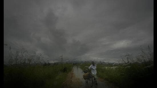 FILE - A farmer carries a sack of paddy on his bicycle during monsoon rains as clouds hover over the sky on the outskirts of Guwahati, India, June 20, 2024. (AP Photo/Anupam Nath, File) (AP)
