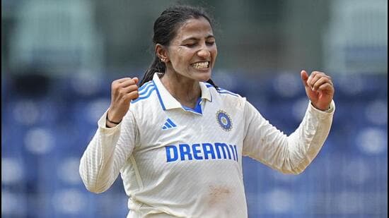 India's Sneh Rana celebrates the wicket of South Africa's Anneke Bosch during Day 2 of the one-off women's Test. (PTI)