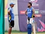 India's head coach Rahul Dravid and cricketer Virat Kohli during a practice session