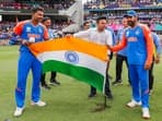 India's captain Rohit Sharma with Hardik Pandya and BCCI Secretary Jay Shah during celebration after India defeated South Africa in the ICC Men's T20 World Cup final cricket match, at Kensington Oval