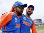 India's captain Rohit Sharma and Virat Kohli celebrate after Team India wins the ICC Mens T20 World Cup 2024 final match against South Africa, at Kensington Oval in Barbados on Saturday