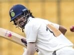 India A batter KL Rahul plays a shot during the fourth day of the Duleep Trophy match against India B in Bengaluru.