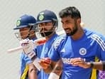 Indian cricketers Virat Kohli, Yashasvi Jaiswal and Jasprit Bumrah during a training session ahead of the first Test cricket match against Bangladesh, at MA Chidambaram Stadium, in Chennai, Monday, Sept. 16, 2024.