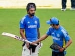 Gautam Gambhir and batter KL Rahul during a training session ahead of the 2nd Test cricket match between India and Bangladesh, in Kanpur