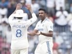 Ashwin celebrating a wicket with Ravindra Jadeja.