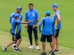 Indian captain Rohit Sharma, head coach Gautam Gambhir, spinner Ravichandran Ashwin and bowling coach Morne Morkel during a practice session.