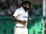 India's Jasprit Bumrah reacts after taking the wicket in second Test.