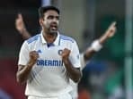 India's Ravichandran Ashwin celebrates after taking the wicket in 2nd Test.