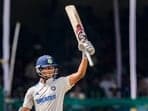 India's Yashasvi Jaiswal celebrates his half-century on the fifth day of the second Test against Bangladesh