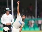 India's Ravichandran Ashwin bowls a delivery on the fifth and final day of the second cricket test match between Bangladesh.