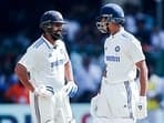 India's captain Rohit Sharma and Yashasvi Jaiswal celebrate their partnership during Day 4 of the second test match against Bangladesh
