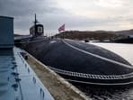 In this photo distributed by Russian Defense Ministry Press Service on Saturday, Oct. 12, 2024, a view of the strategic nuclear-powered submarine missile cruiser Prince Vladimir of the Borei-A project, as Russian Defense Minister Andrei Belousov inspects the military and social infrastructure facilities of the Northern Fleet as part of a working visit to the Murmansk Region of Russia. (Russian Defense Ministry Press Service via AP)