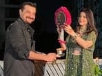 A still of Maheep and Sanjay Kapoor from their Karwa Chauth celebrations