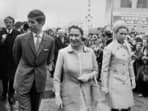 Queen Elizabeth II (centre) with Anne and Charles in 1970 as they passed through the crowds at the Royal Easter Show in Sydney.