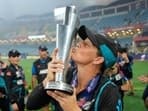 New Zealand's captain Sophie Devine kisses the trophy after winning the ICC Women's T20 World Cup 2024 final.