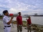 Kolkata, India - Oct. 23, 2024: Kolkata Police along with Disaster Management Group (DMG) personnel makes an announcement on a loudspeaker as precautionary measure prior to cyclone Dana which is likely to make landfall on tomorrow night at Baje Kadamtala Ghat on the banks of Hooghly river in Kolkata, India, on Wednesday, October 23, 2024.  (Photo by Samir Jana/ Hindustan Times)