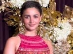 Alia Bhatt turned up for the party in a patchwork pink lehenga. It was the same outfit that she wore for her mehendi function last year.