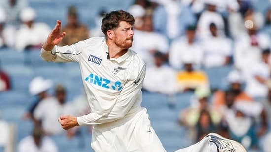 New Zealand's Mitchell Santner in action during Day 3 of the second test match against India, at Maharashtra Cricket Association Stadium in Pune on Saturday.