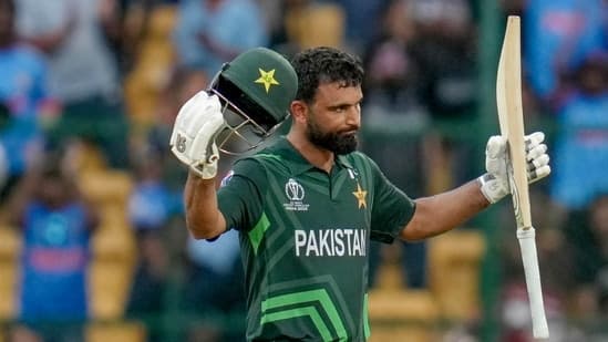 Pakistan's Fakhar Zaman celebrates his half-century during the match against New Zealand in the ICC Men's Cricket World Cup 