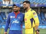 MS Dhoni and Rishabh Pant pose for a photograph.